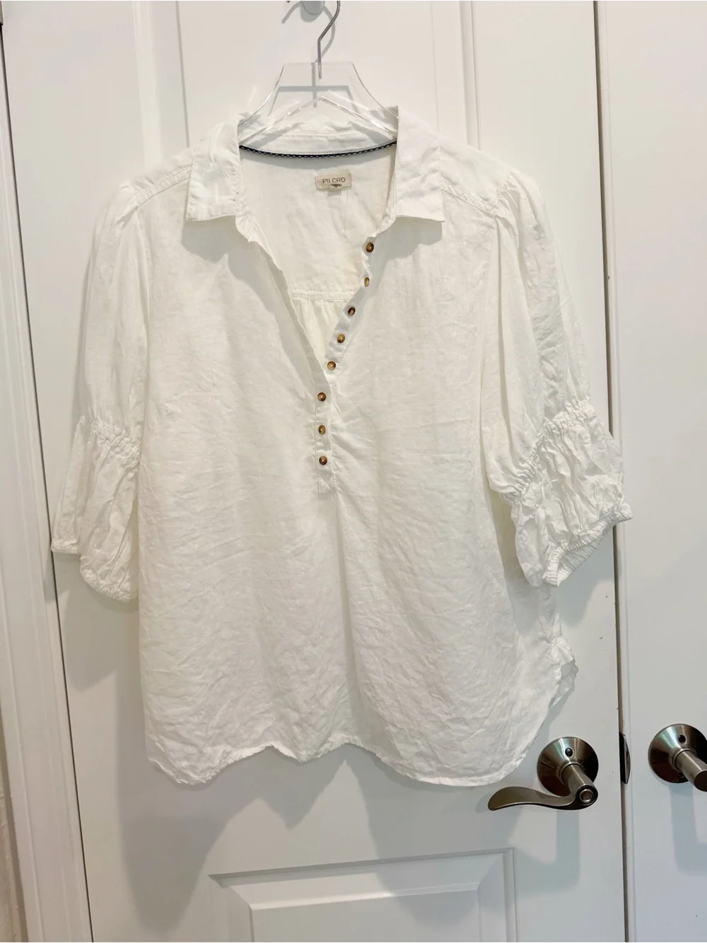 ANTHROPOLOGIE PILCRO The Tallulah Double Puff Sleeve Blouse White Linen size L